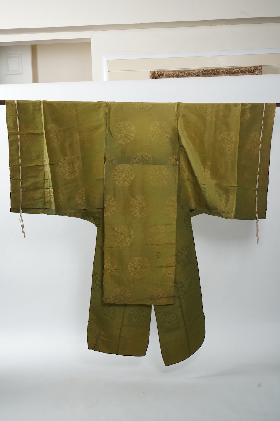 Two 1880-1920 Japanese green silk damask Kariginu, ‘hunting cloth’ robes, worn not as ‘hunting robes’ at this period, but as day wear for high ranking male Imperial Court nobles, traditionally worn with a sash at the wai